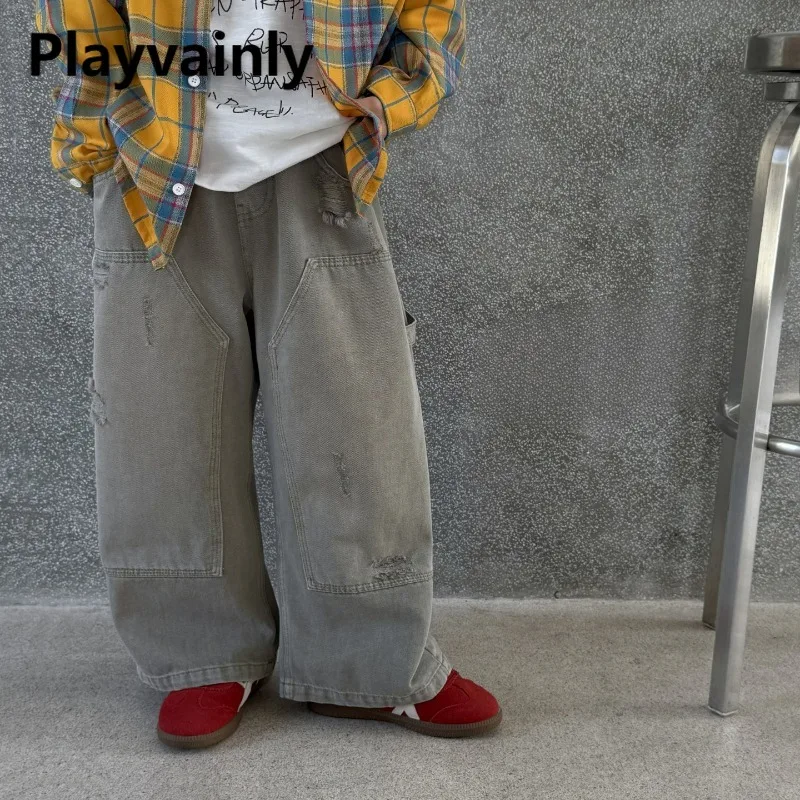 

Boys' Retro Trendy Distressed Jeans 2025 New Spring Autumn Children Grey Loose Wide Leg Pants Ripped Denim Trousers A5008