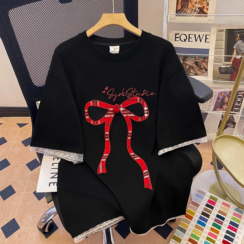 

Свободный крой, кружевные вставки, футболка из хлопка, летняя повседневная, молодежная мода, круглый вырез, футболка-поло