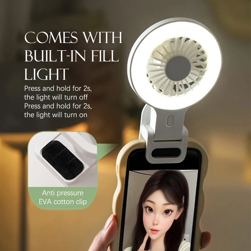 مروحة بمشبك صغير محمول مع مرفق شحن USB وإضاءة تعبئة سيلفي - رائعة للتخييم والمشي لمسافات طويلة