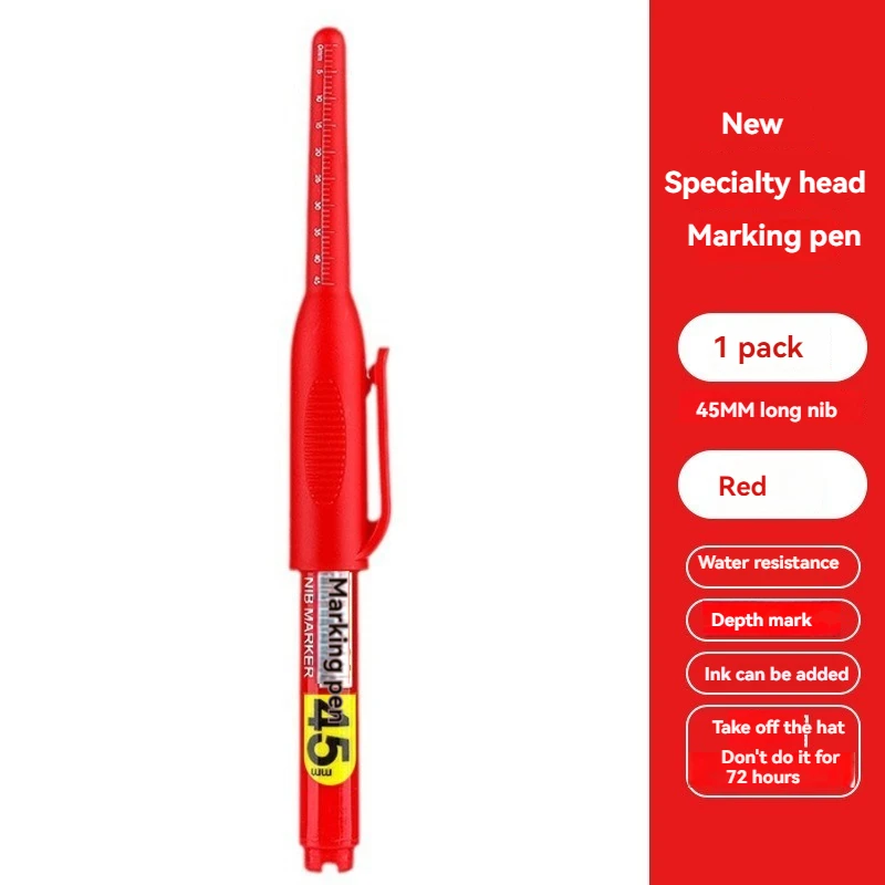 1PCS 45mm Tip Waterproof Long Head Marker Pen Quick-Dry Ink for Woodworking Construction, Deep Hole Non-Toxic Black Red Blue