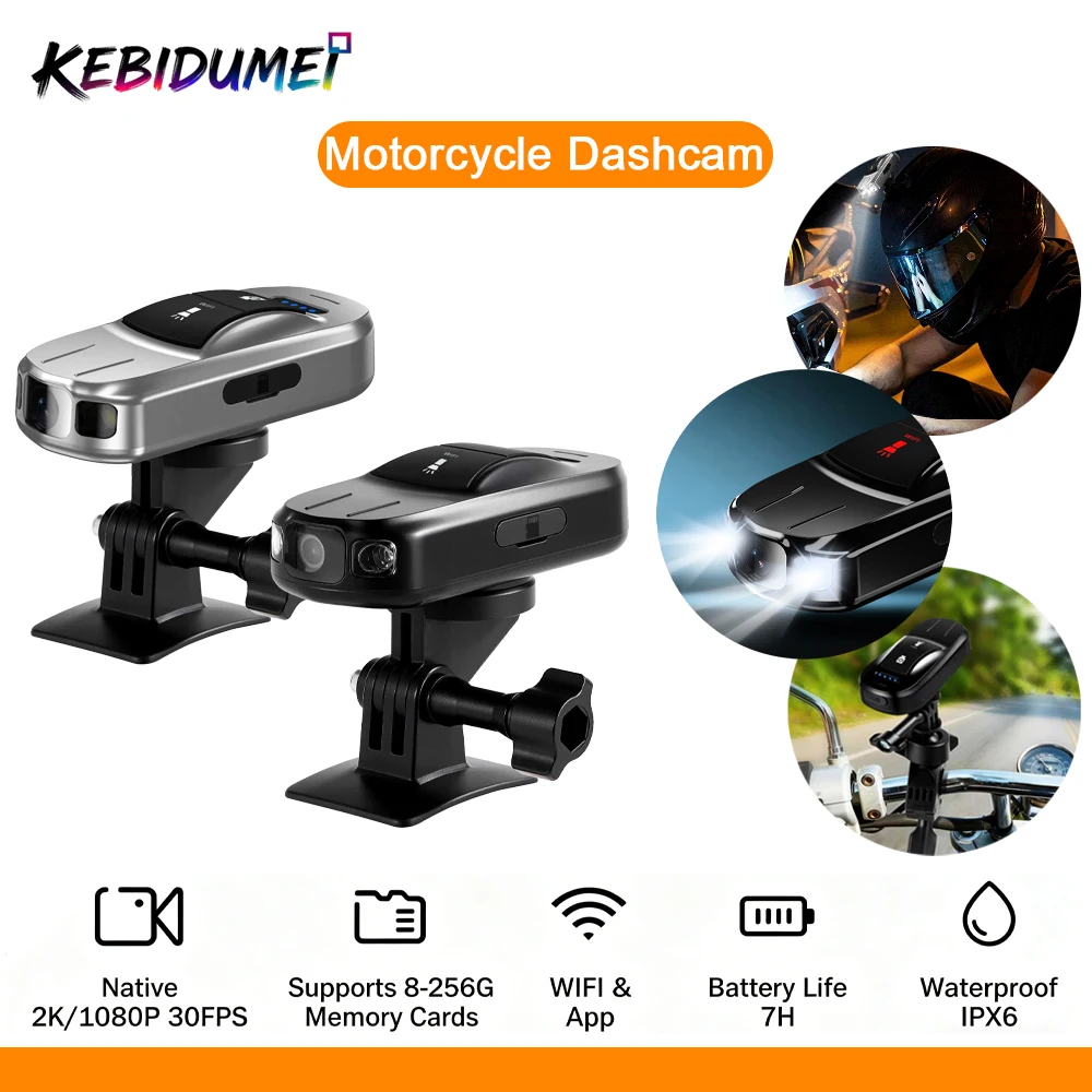 

KEBIDUMEI 2K HD DVR Motorcycle Camera IPX6 Waterproof 100° Angle Dashcam Motorcycle Bike Helmet Cam Bicycle Bike WiFi Connection