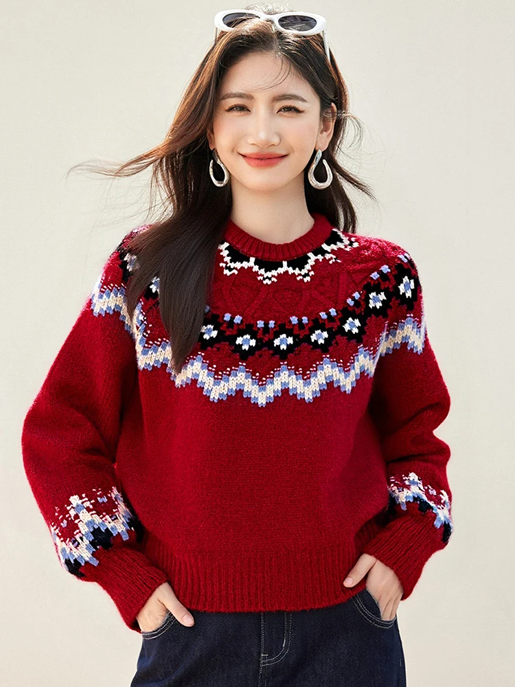 

Осень-зима женский ретро свитер Fel Island новый красный свободный повседневный свободный пуловер вязаный свитер топы S203