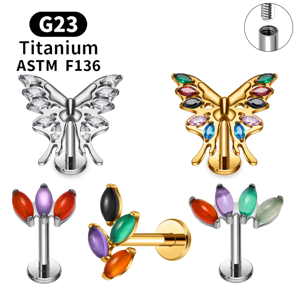 ASTM F136 Titan Schmetterling Ohrstecker 16G Marquise Naturstein Blattförmige Ohrstecker Knorpel Tragus Piercing Schmuck