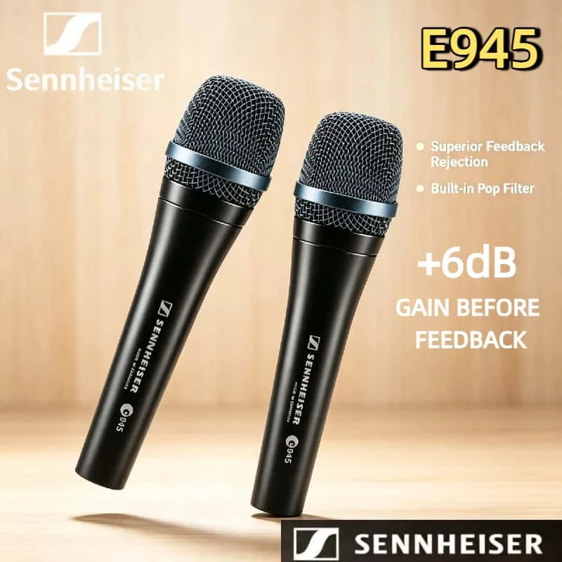 Micrófonos Dinámicos Sennheiser E945 para Cantantes Profesionales, Paquete Doble, Supercardioide, Micrófono con Cable para Voz en Vivo, Paquete de 2 Unidades, Color Negro