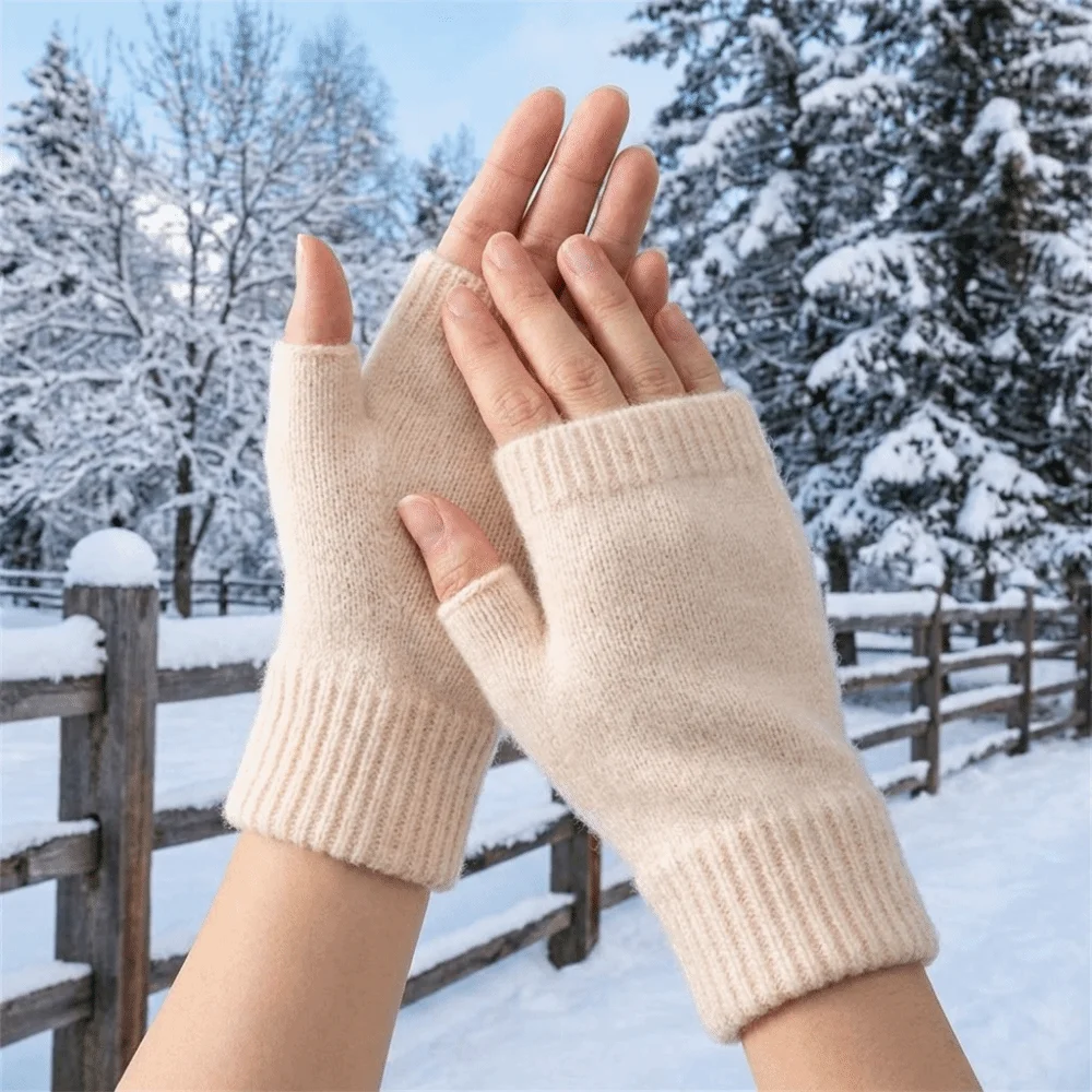Fashion Solid Color Knitted Gloves Soft Thicken Half Finger Gloves Fingerless Warm Plush Mittens Writing