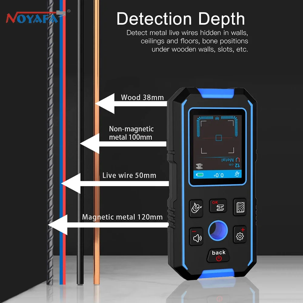 Imagem -04 - Noyafa Detector de Parede Novo Design Posicionamento Furo ac Fio Metal Madeira Ferramenta Medidor de Distância