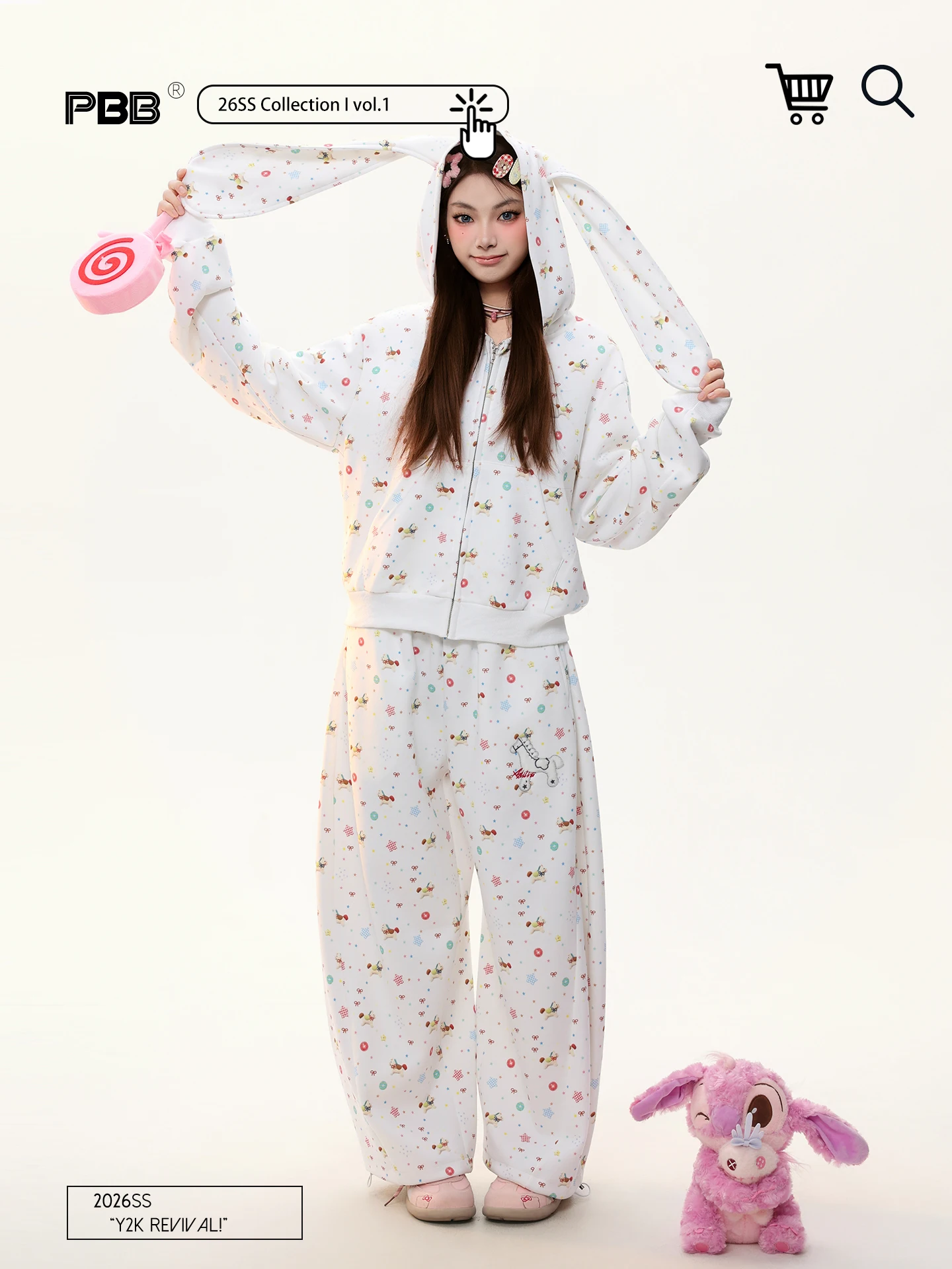 

PBB Gentle Wind Cartoon Print Hoodie Zipper Top Casual Knife Pants Women's Two-Piece Set Street Sle Spring Collection