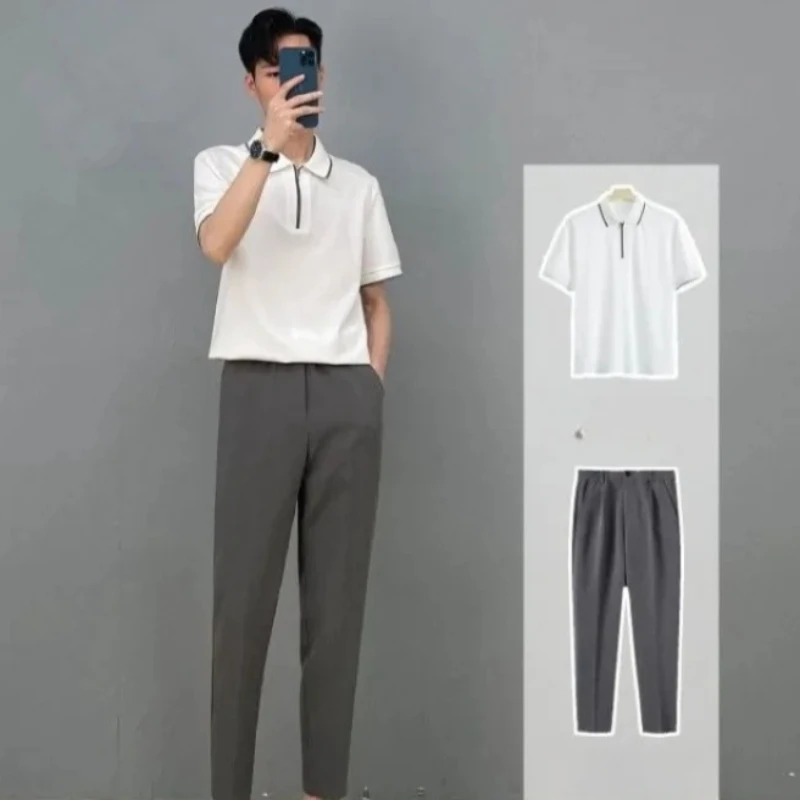 

Zipper Polo Shirt Short Sleeve Men Summer New Arrival Premium Look Loose Fit Light Mature Style Collar T Shirt Trendy Suit Set