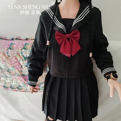 Japanese Korean School Uniform Girls Plus Size Jk Suit Red Tie Black Three Basic Sailor Uniform Women Long Sleeve Student Suit