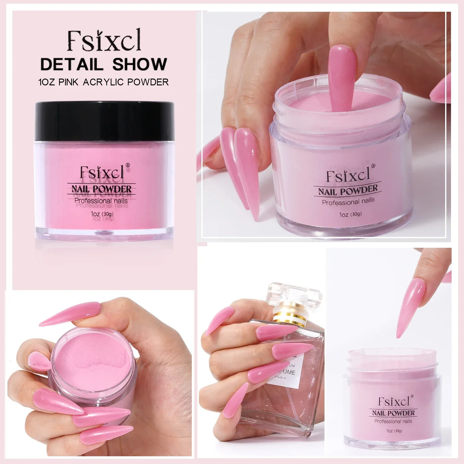 Fsixcl pó acrílico de imersão pura rosa, 1oz, arte em unhas, design diy para extensão de manicure profissional, pigmento funcional 3 em 1