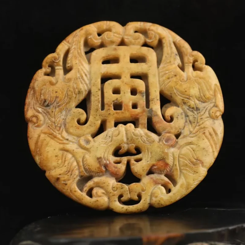 Old Natural Jade Hand-Carved Statue of Double Dragon Statue Nice Art Work Folk Collection of Retro Handicrafts