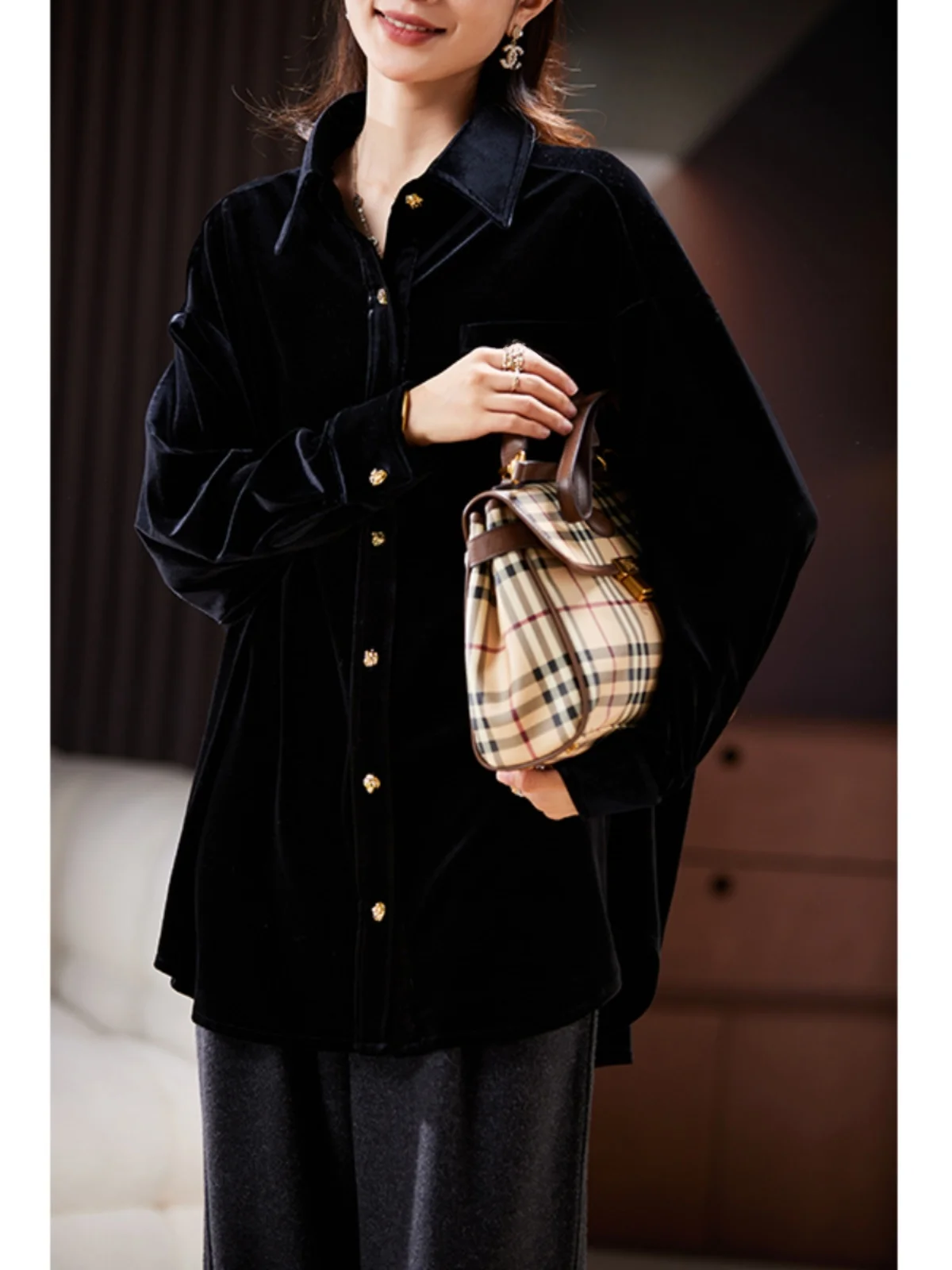 Ele Velvet irt Women's Autumn Winter New Faion Patchwork  Collar Long Sve Mid-Length Korean Sle Polyester