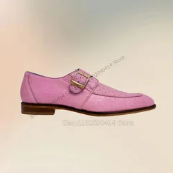 Pink Ostrich Print Buckle Decor Sewing Design Men Shoes Fashion Slip On Male Shoes Luxury Handmade Party Feast Men Casual Shoes