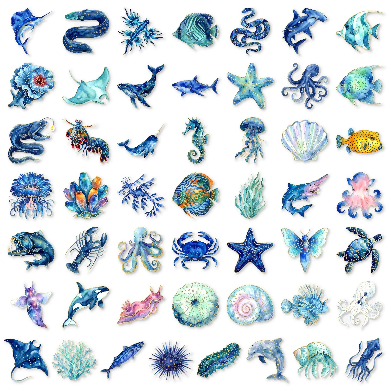 50 Pcs Blue Tone Underwater World Transparent PET Stickers Starfish Seahorse Coral Shell Waterproof Decals for Journal Gift