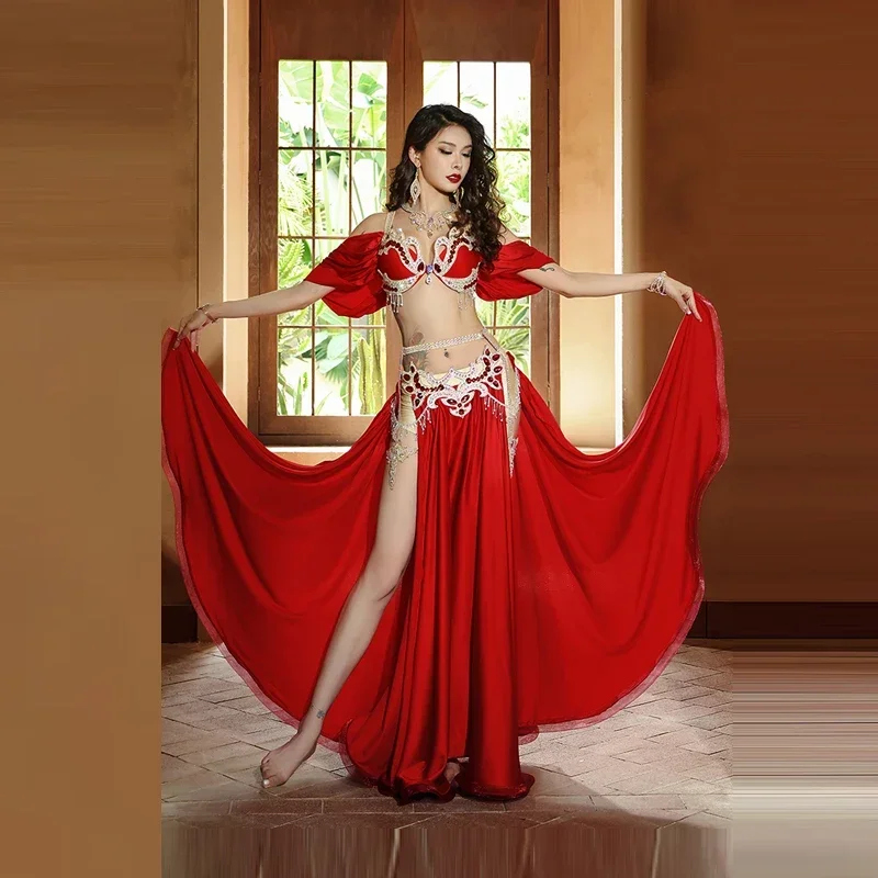 New Women's Belly Dance Costume Handmade Luxury Diamond Tassels Retro Sexy Large Swing Skirt High end Performance Clothing