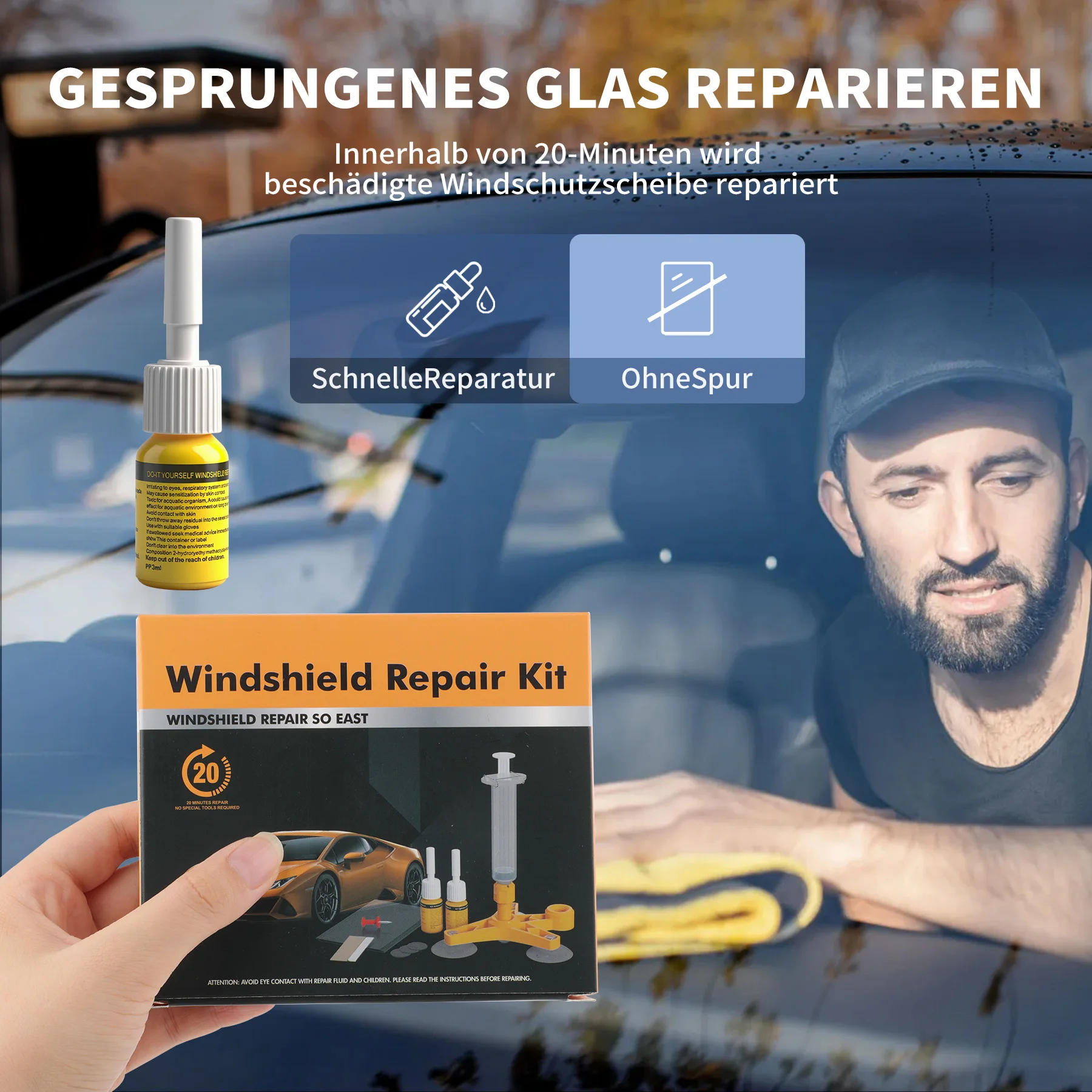 Professionelles Windschutzscheibe Reparaturset für Steinschlag Reparatur, Universal Glasreparaturset für Autos, Praktisch & Schnell & Einfach, OHNE UV-Lampe – Detail 9