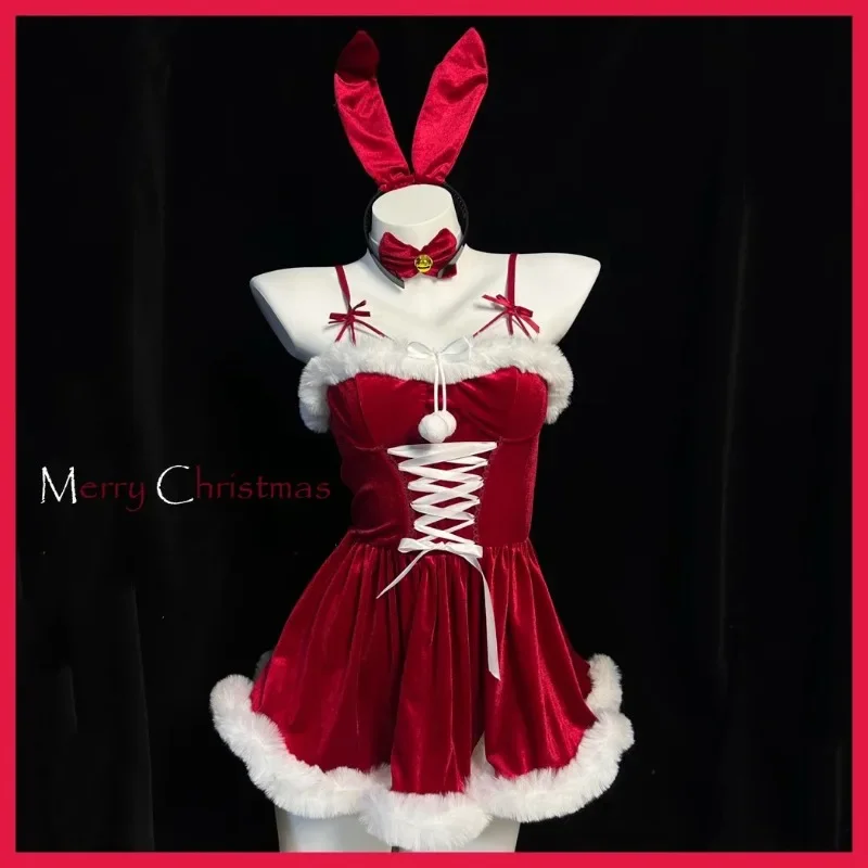 

Christmas Cute Santa Cosplay Velvet Dress Pajamas Seductive Red Bunny Mini Dress Tempting Performance Uniform Role Play Party
