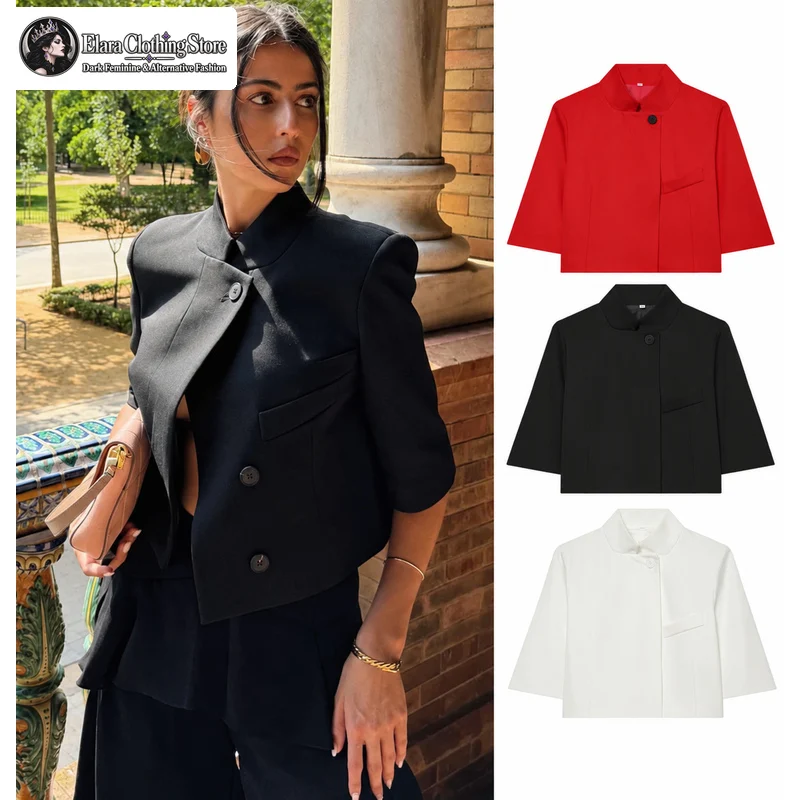 KONDALA Commute Short Sleeve Blazer Women Summer Elegant Stand-up Collar Short Blazer New 2026 Trendy High Street Casual Blazer