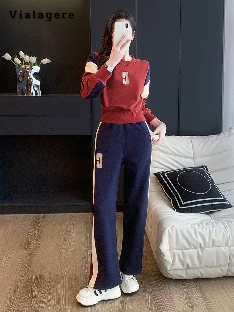 Autumn Winter Autumn  Sporty Style Two-piece Set Women Long Sleeve Patchwork Top+Drawstring Trousers American Retro Pants Suits