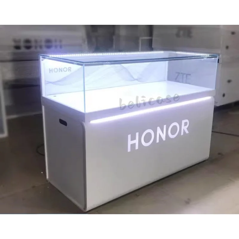 custom，Customized Logo Glass Cellphone Display Cabinet Lockable Mobile Phone Display Counter LED Light Cell Phone Showcase