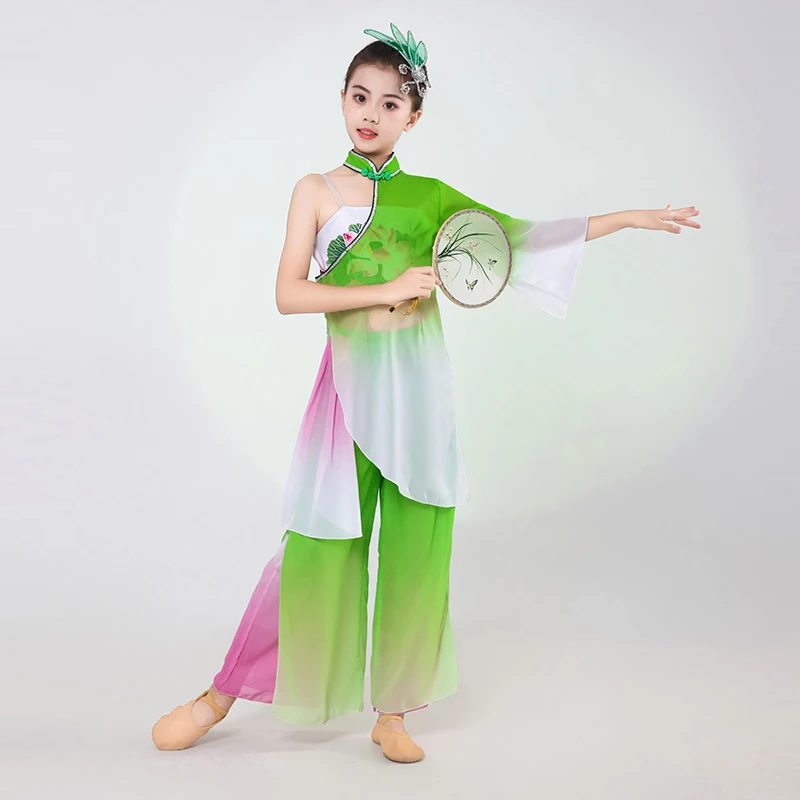Ropa de danza clásica Yangko para niñas, trajes nacionales Hanfu de danza moderna, abanico de paraguas para niños, ropa Hmong para actuación