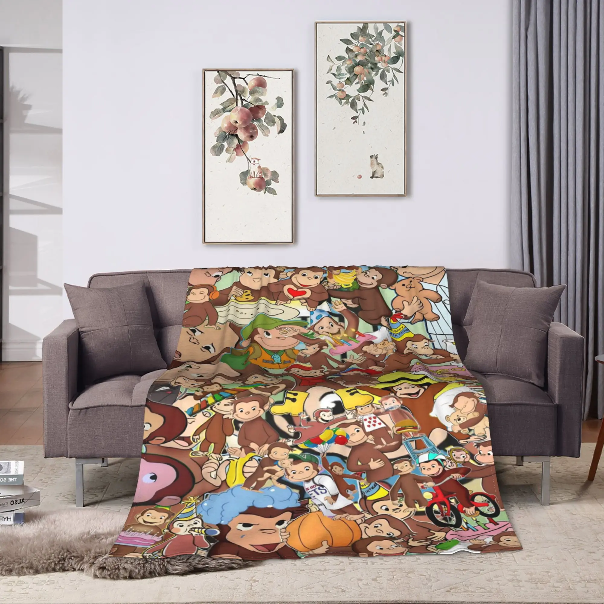 Colorful Curious George Character Collage Warm Soft Blanket Plush Bedding Throws Funny Home Decor Flannel Bedspread Bed Cover