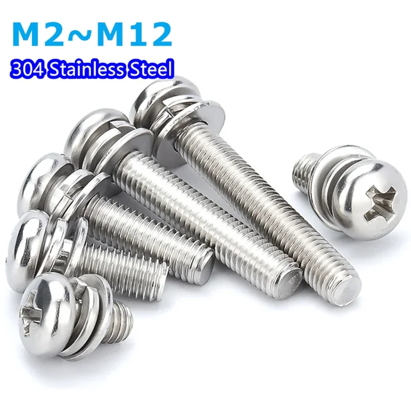 Cross Recessed Pan Head Screw with Washer 304Stainless Steel M2 M2.5 M3 M4 M5 M6 M8 M10 Three Combination Machine sems screw