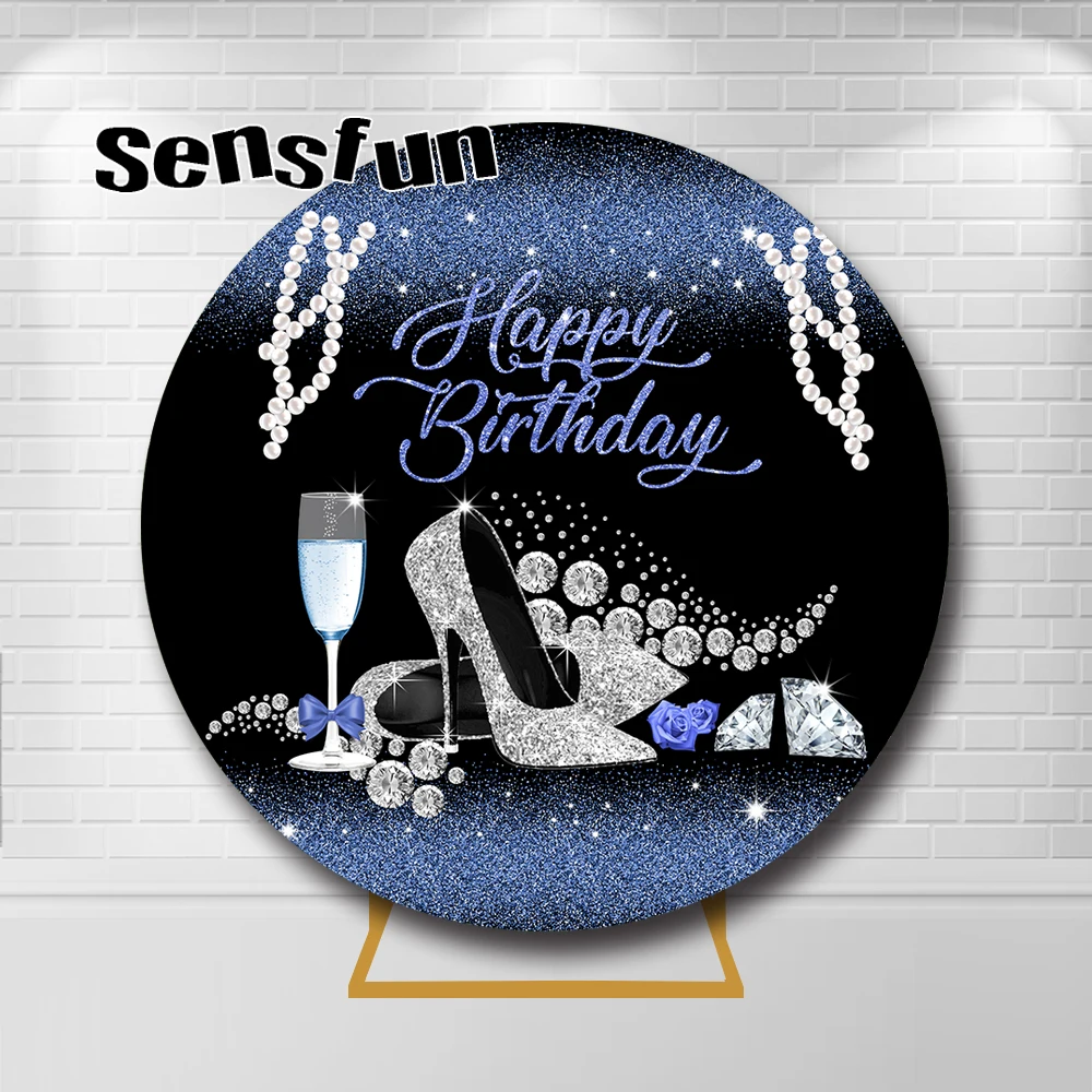 سيدة امرأة الكبار حفلة عيد ميلاد غطاء خلفية مستديرة أزرق داكن أسود بريق الماس الكعوب الشمبانيا دائرة الخلفية