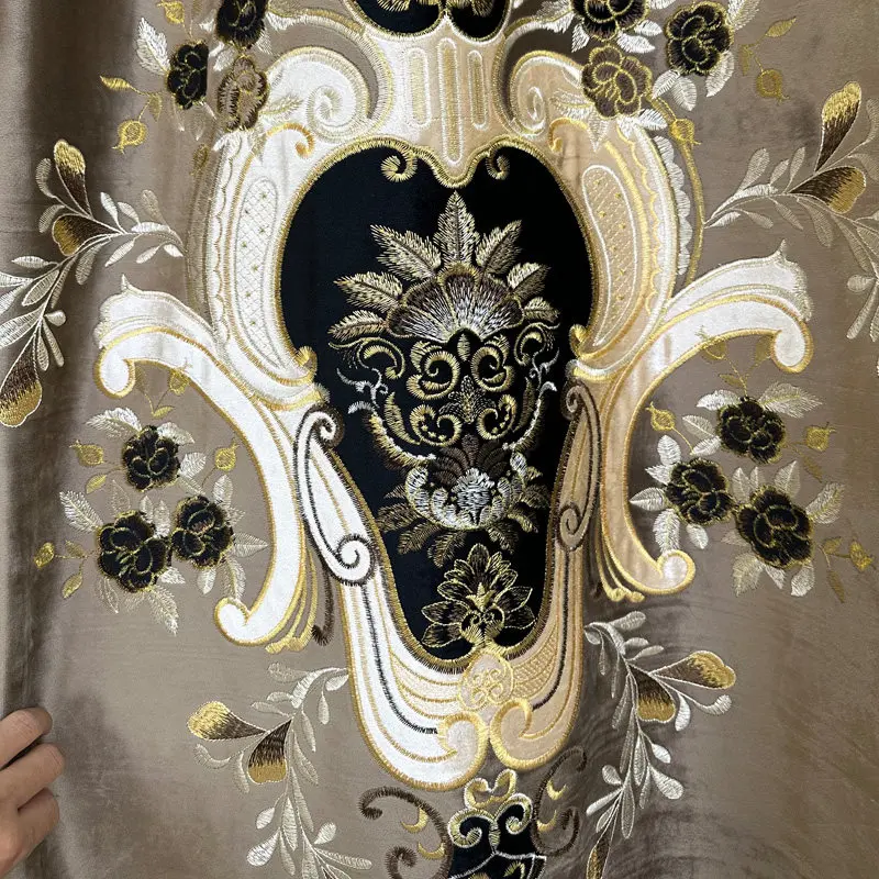 European Palace Embroidered Valance Luxury Brown Velvet Curtains for Living Dining Room Bedroom Window Decor Tulle Elegant Lace