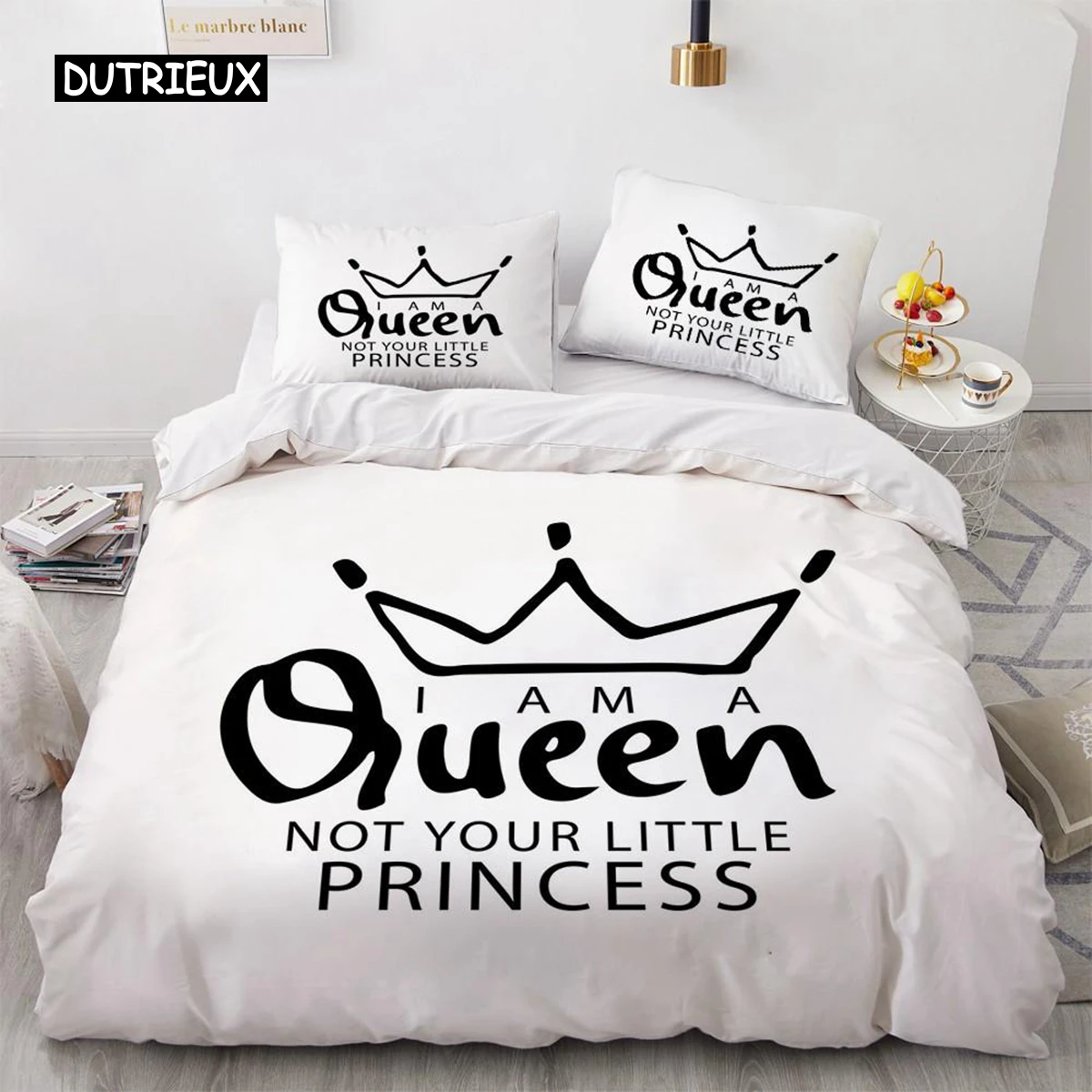 

Letter Duvet Cover Set King Size Black Inspirational Words Twin Bedding Set Queen Crown Pattern Microfiber Quilt Cover for Girls