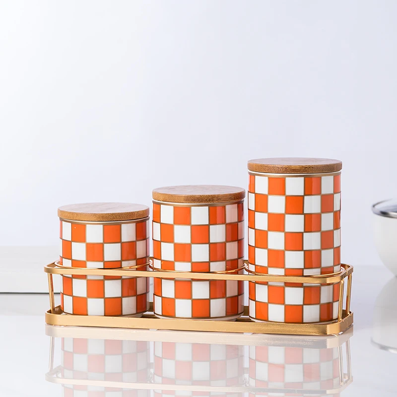 Checkerboard Ceramic Airtight Jar Wooden Cover Storage Home Food Organizer Tea Box Bottle