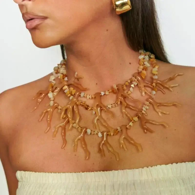 Exaggerated Beaded Coral Necklace Multi-layer Bohemia Coralal Pendant Necklace Jewelry Colorful Ocean Style Beach Choker