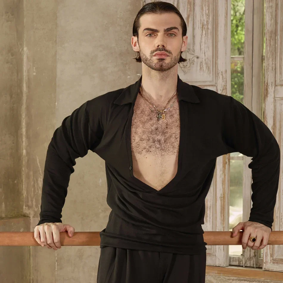 

2026 Atumn Winter Adult Man Latin Dance Shirt Professional V-Neck Stage Performance Dance Wear Ballroom Waltz Clothes Tops N034