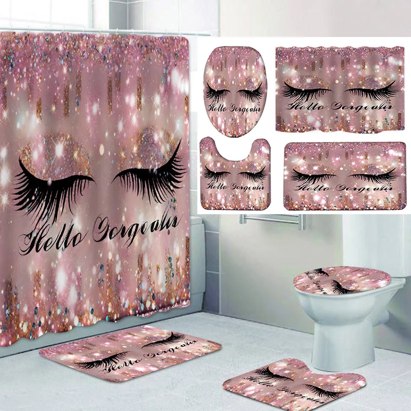 Shining Diamond Shower Curtain Simple Bath Sets Waterproof Non-Slip Bathroom Rug Toilet U With 12 Hooks Home Deco Free Ship Eye