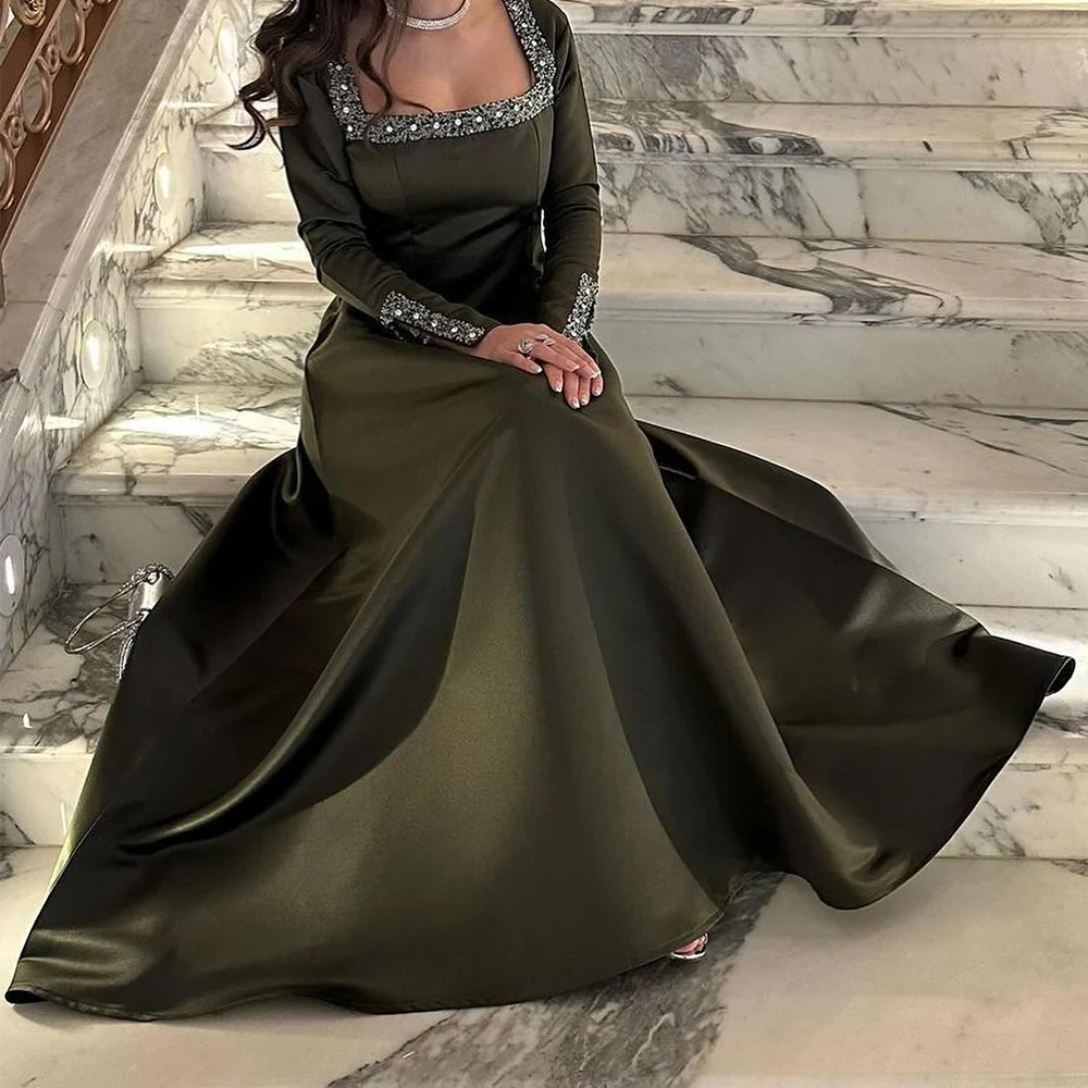 Saudi Arabia Satin Evening Dress for Woman Square Collar with Sequined Crystal Long Sleeves Prom Gowns A-Line Party Dress 2024