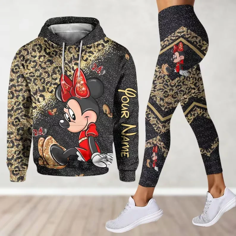 Costumes Disney Minnie Mouse, Leggings à capuche, costume pour femmes, pantalon de Yoga Mickey, sweat-shirt, mode d'automne, costume de sport