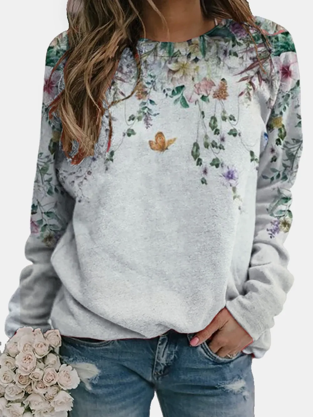 Women\'s Fashion Casual Loose Hoodie Round Neck 3D Flower Print Long Sleeved T-shirt Pullover Spring and Autumn Top