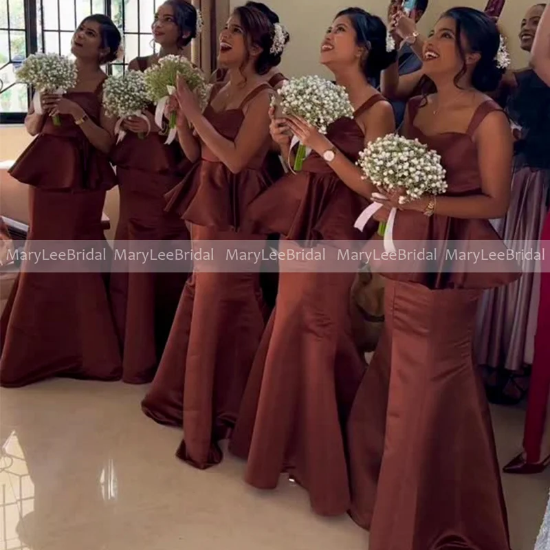

Chocolate Mermaid Bridesmaid Dresses with Peplum Sweetheart Neckline Long Wedding Guest Dress Bride Reception Gowns Customized