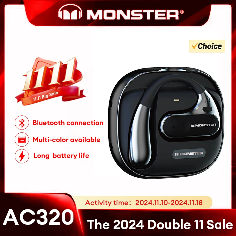 New Monster AC320 OWS Wireless Bluetooth 5.4 Headset IPX5 Sports  Earbuds Long Endurance Clear Voice Call 360° Stereo Earphones