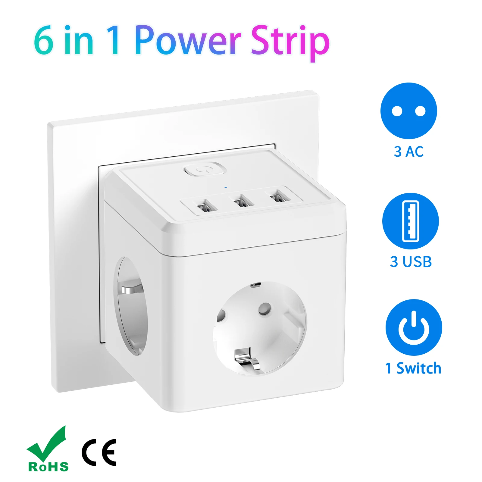 

Удлинитель настенной розетки с вилкой европейского стандарта, 3 розетками переменного тока, 3 USB-зарядное устройство, 250 В, 16 А, удлинитель кубов, защита от перенапряжения с выключателем