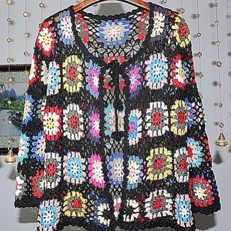 Hollow crochet sweater jacket 2023 spring and autumn fashion women\'s loose ethnic style cardigan jacket casual sweater