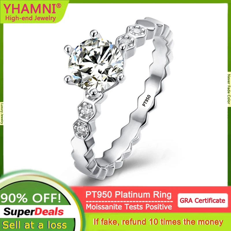 

YHAMNI PT950 Platinum Ring New Vision Hive Design 1.0CT D Color Moissanite Diamond Rings for Women Wedding Engagement Jewelry