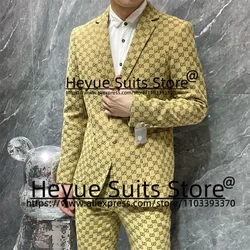 High-end Monogram Yellow Formal Men Suits Slim Notched Lapel Groom Wedding Tuxedos 2 Pcs Sets Handsome Male Blazers Ropa Hombre