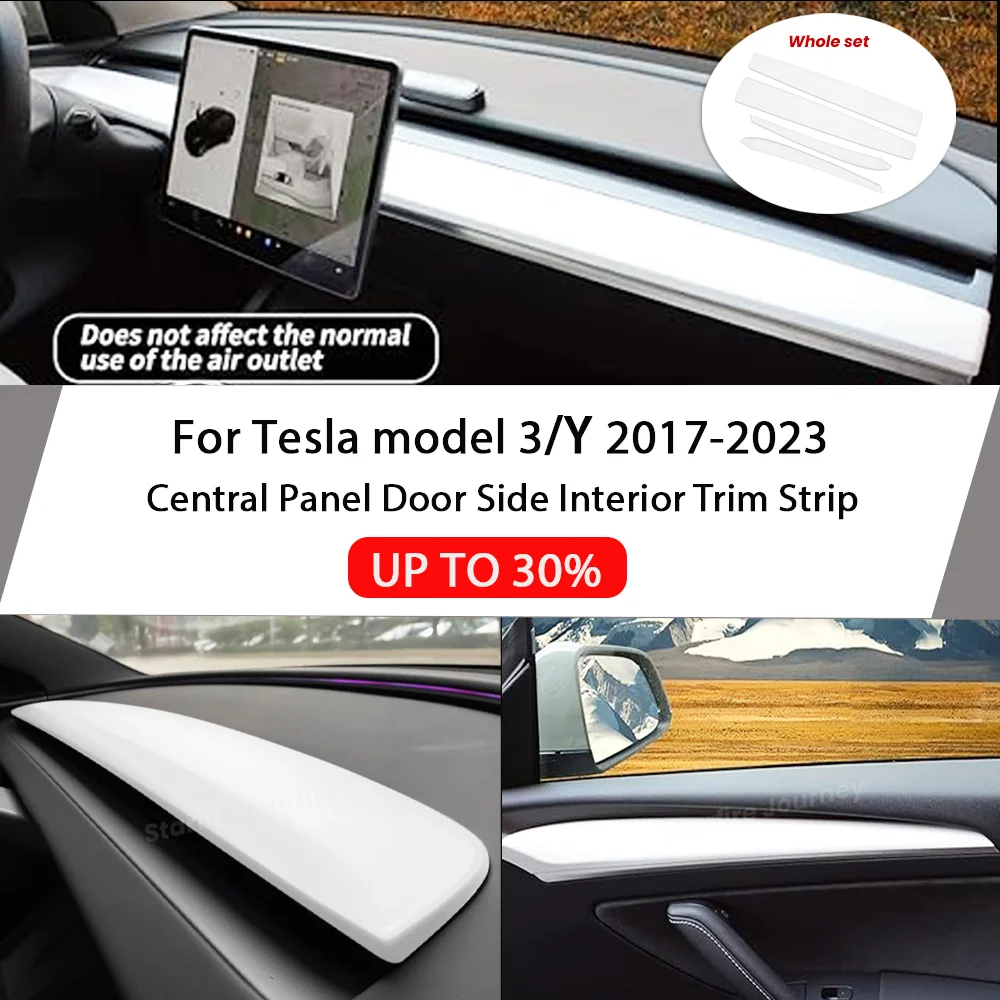 

For Tesla Model 3 Y 2017-2024 Car Central Panel Door Side Interior Front Dashboard Trim Strip ABS 4Pcs Glossy Matte White Auto