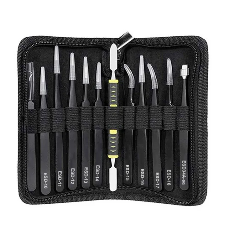 12Pcs/Set Precision Tweezers ESD Anti-static Stainless Steel Elbow Straight With Bag Repair Maintenance Tool Industrial Tweezers