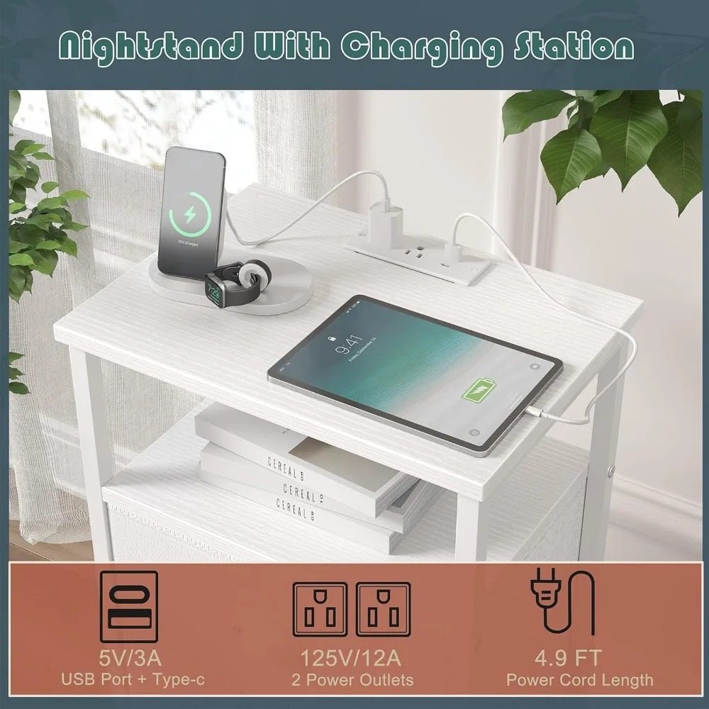 منضدة مع قاعدة شحن، منضدة بيضاء LED مع 5 أدراج قماشية، لمسة نهائية من البولي يوريثان، طاولات جانبية للسرير، مساحة تخزين مفتوحة من طبقتين