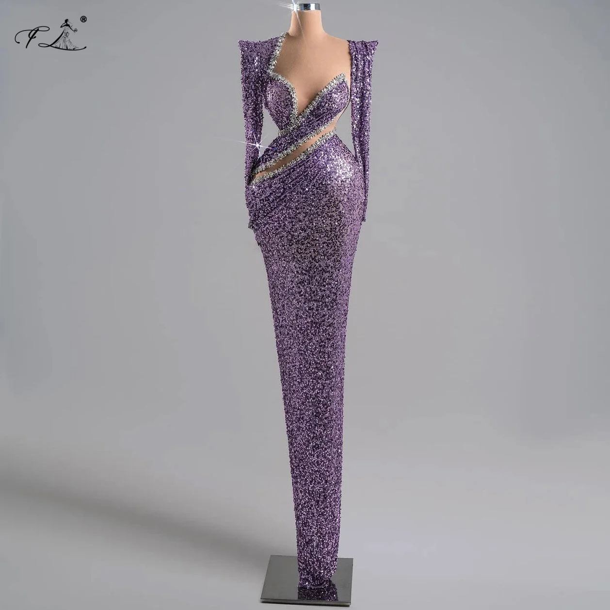 فساتين متألقة من حجر الراين والترتر والدانتيل بأكمام طويلة فستان حورية البحر مخرم مصمم للنساء فستان حفلة مثير #1