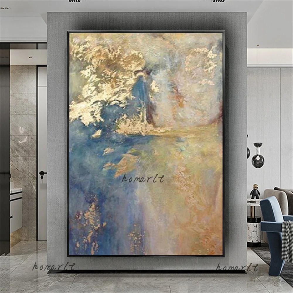 

Blue Sea View Abstract Drawing Modern Gold Leaf Mural Decor Living Room Pure Handmade Oil Painting Interior Wall Art Picture