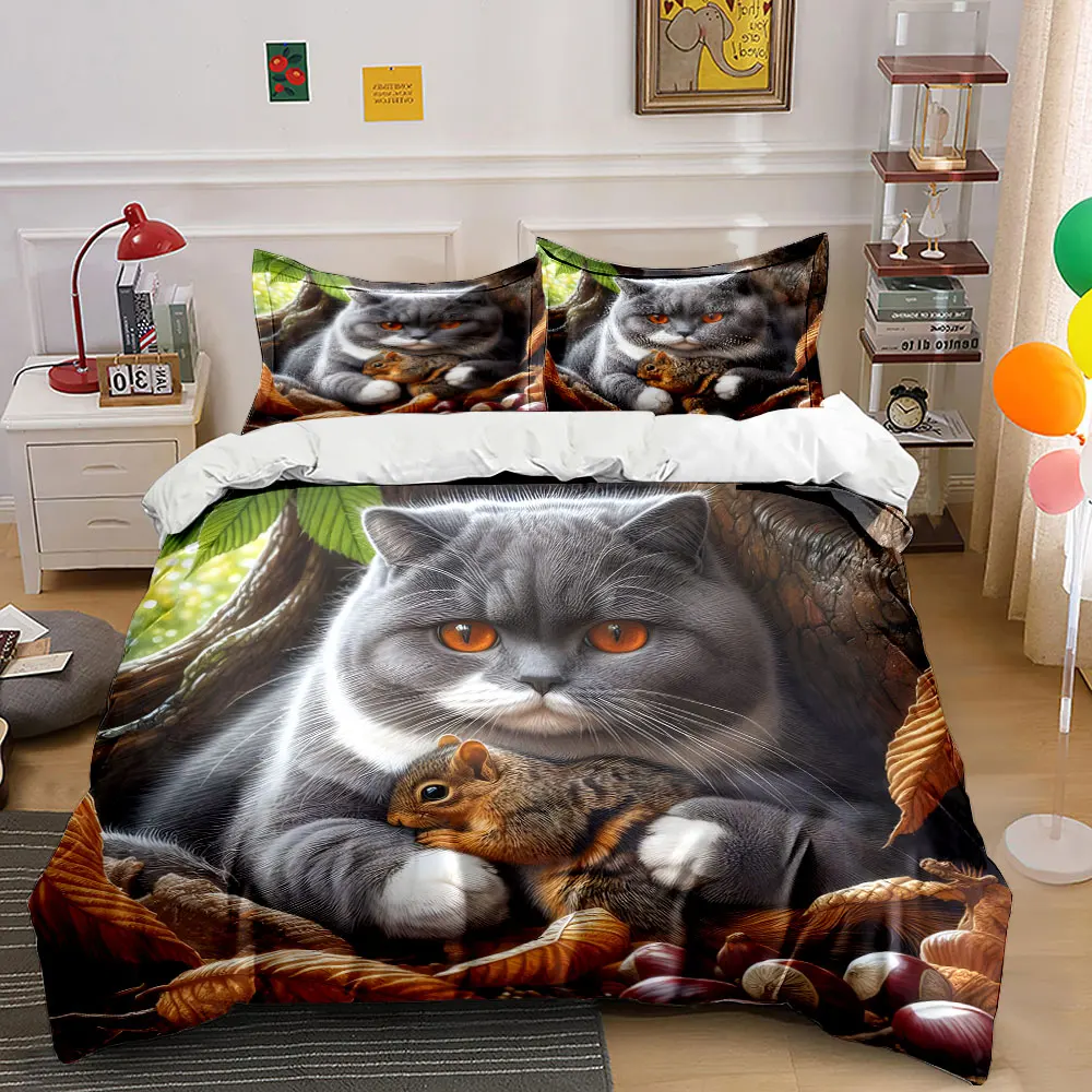 British Shorthair cat cradling a squirrel Print Bedding Set 1 Duvet Cover 2 Pillowcases for Adult and Children Luxury Gift