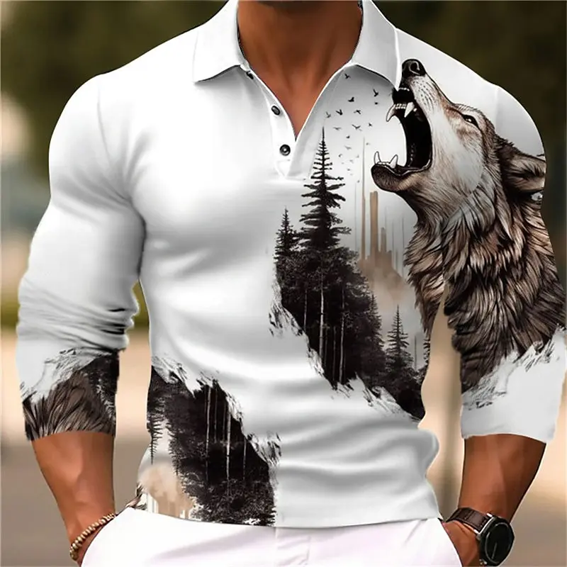 

Men's Animal Wolf Long Sleeve Polo Shirt Lapel Sports Leisure Outdoor Office Daily Wear Button Spring Autumn Winter